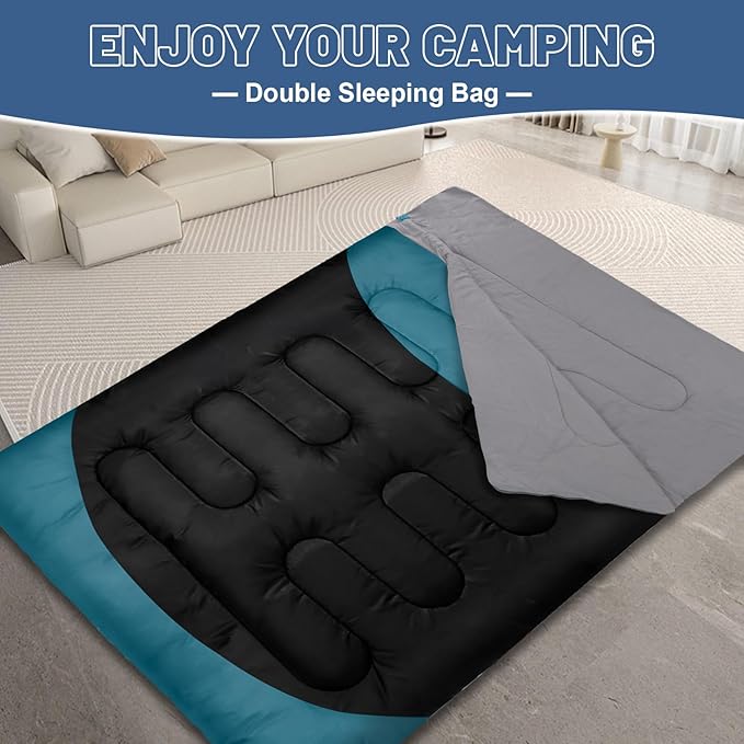 Double Sleeping Bag for Adults Machine Washable 2 Person Camping Sleeping Bag Queen Size Waterproof with Compression Sack for Cold Weather 3-4 Seasons