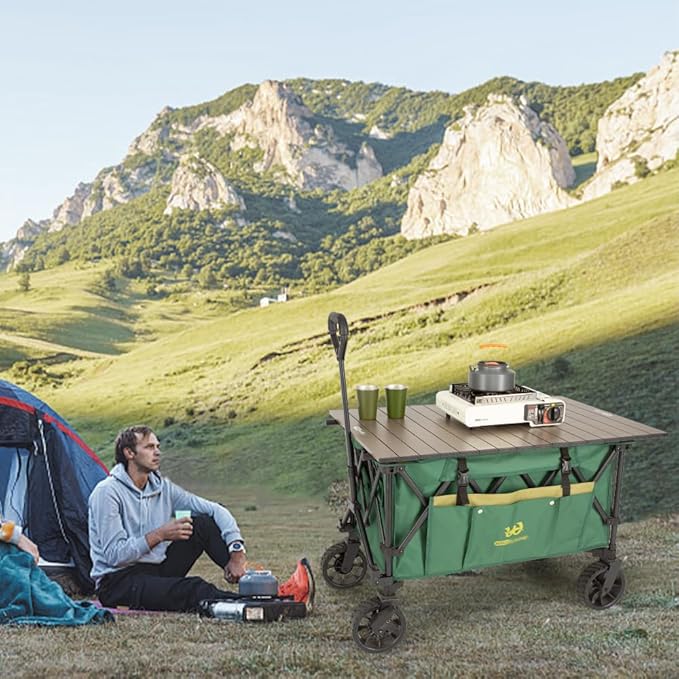 Whitsunday Folding Collapsible Utility Wagon, 400Lbs Heavy Duty Outdoor Park Beach Wagon with Table and Side Pocket for Garden Camping Sports Shopping Green