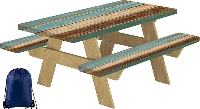 CAPSCEOLL Picnic Table Cover with Bench Covers Waterproof Camping Tablecloth All-Weather Outdoor Table Protector with Drawstring Bag for Camping Essentials, 72X30in, Blue Brown Wood