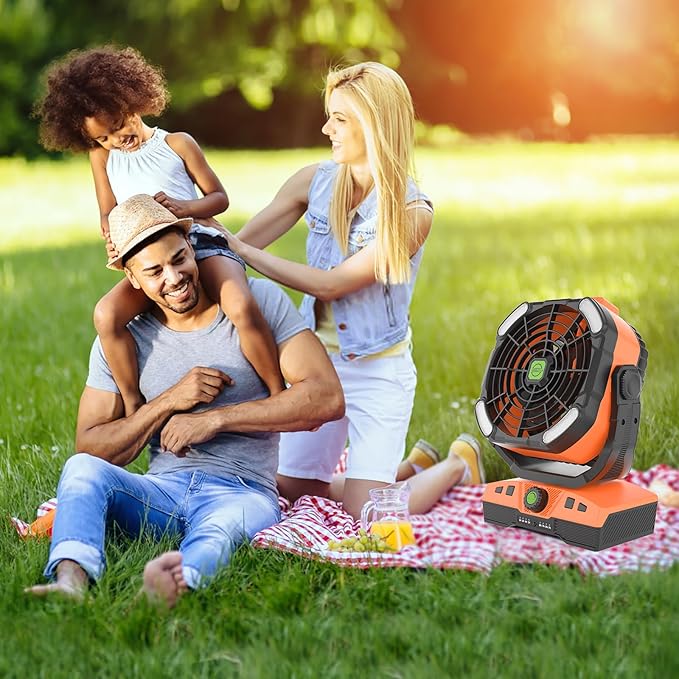 RUNTOP Oscillation Camping Fan with LED Lantern, 20000mAh Rechargeable Battery Operated Outdoor Tent Fan w/Hanging Hook, Remote Control, 4 Speeds, Personal USB Desk Fan for Camping, Jobsite (Orange)