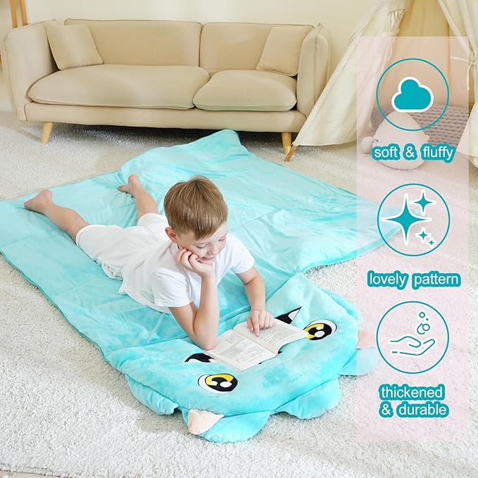 Kid Sleeping Bag with Pillow - Larger Toddler Nap Mat - Plush Slumber Bag for Boys Girls Daycare Preschool Kindergarten Birthday Gift Travel Sleepover Ages 3-12 Years