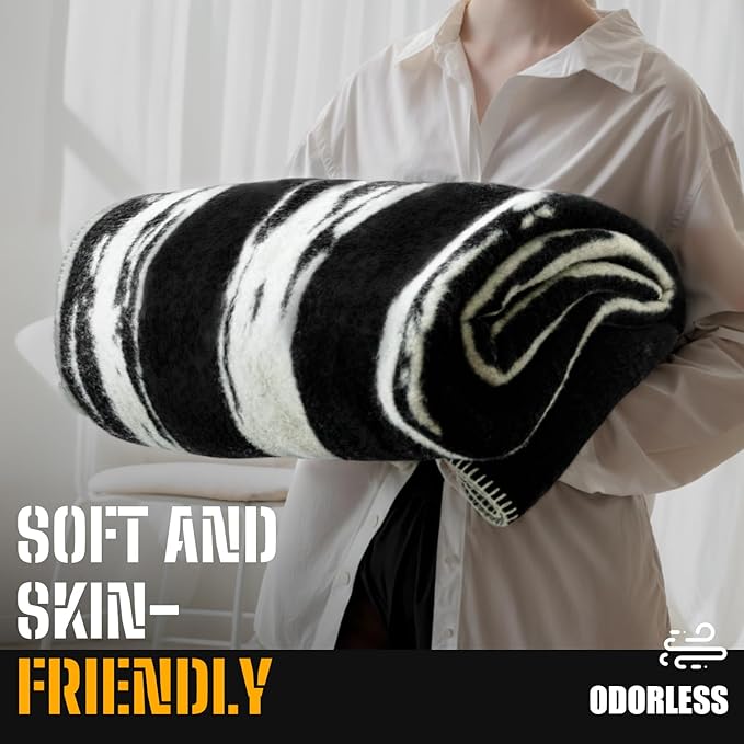 100% Wool Blanket, 48" x 62", Warm, Thick, Washable, Military Wool Blanket, Great for Camping, Outdoors, Sporting Events, Survival Kits,Black White Striped