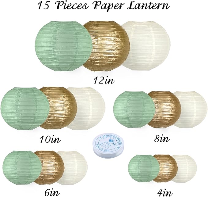 Round Paper Lanterns Decorations, Chinese Paper Lanterns Decorative, Sage Green/Gold/White for Rustic Party Sage Green Birthday Party Bachelorette Engagement Wedding Baby Shower 15pcs