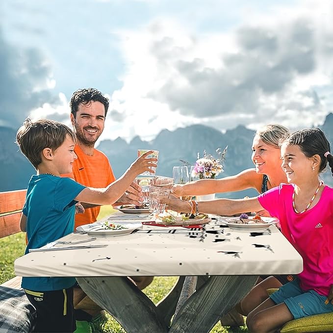 Picnic Table Cover with Bench Covers Elastic Edges, Farmhouse Camper Fitted Table Cover, Patio Camping Essentials 72 Inch 3PCS, Waterproof Camping Fitted Tablecloth with Drawstring Bag