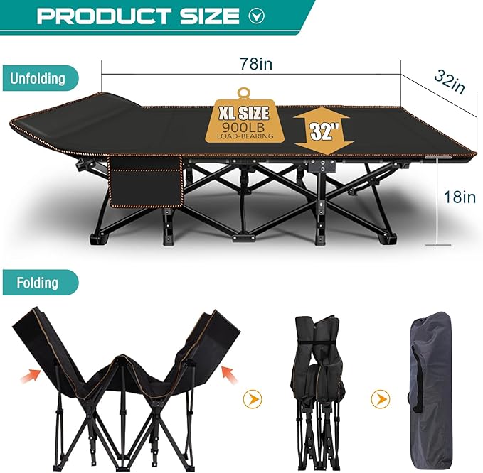 LILYPELLE Folding Camping Cot, Extra Wide Heavy Duty Sleeping Cots with Carry Bag, Double Layer Oxford Portable Travel Camp Cots for Home, Office Nap and Outdoor Beach