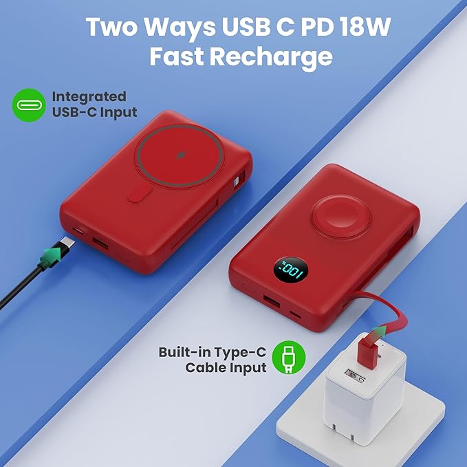 Magnetic Portable Charger for iPhone with Built-in Cables, 6-in-1 10800mAh Power Bank with iWatch Charger & LCD Display,25W Fast Charging Battery Pack for iPhone 16/15/14/13/12,Apple Watch (Red)