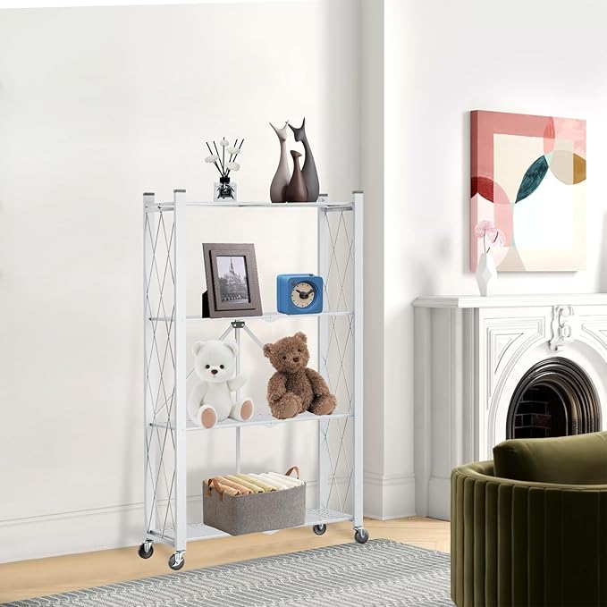 4 Tier Foldable Storage Shelf with Wheels, Heavy Duty Folding Shelf Loads 600 LBS, Metal Steel Collapsible Shelves, Rolling Standing Utility Rack for Kitchen, Pantry, Office, White