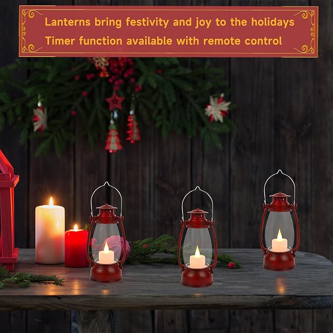 Vintage Red Lantern Decor With Remote Control, 8" Candle Lantern with Handle - Small Hanging Lanterns for Decorative Indoor & Outdoor Use - Perfect for Wedding Centerpiece