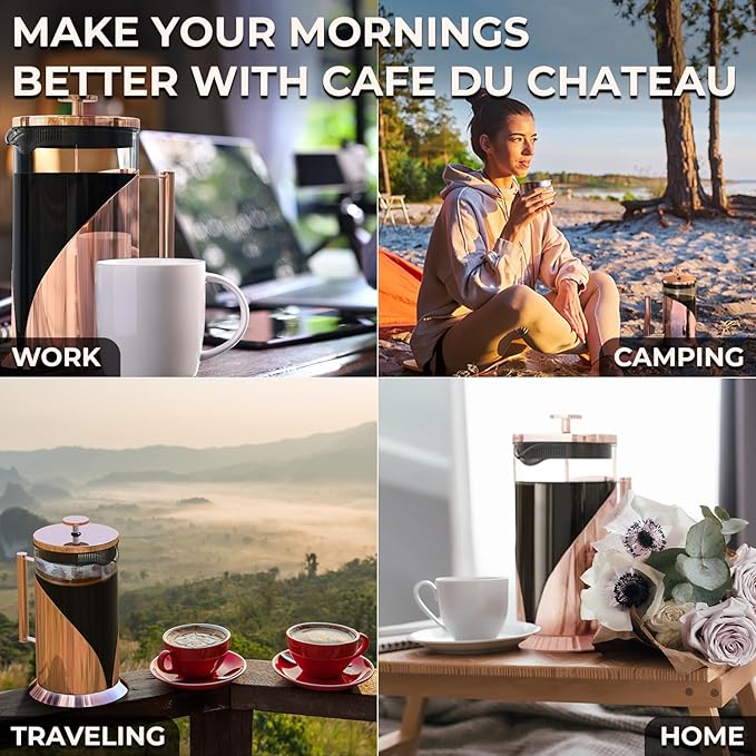 Cafe Du Chateau Stainless Steel French Press Coffee Maker - 34oz Insulated Coffee Press with 4-Level Filtration, BPA Free, Durable Glass, Great for Tea