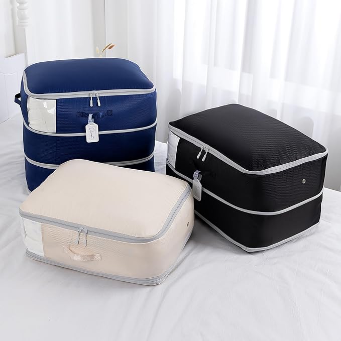 Comforter Storage Bag - Large Capacity Blanket Storage Bags 3-Layer Ultra Space Saving Self Compression Organizer, Washable Compression Bags for Storage Comforter Blanket, 8-Pack, Navy Blue