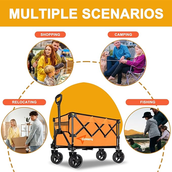 Collapsible Wagon Cart with Wheels, Heavy DutyFoldable Wagon Cart with 230lbs Weight Capacity, UtilityBeach Wagons Portable for Outdoor, Grocery, Camping,Shopping, Orange