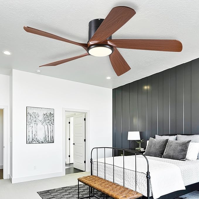 Flush Mount Ceiling Fans with Lights Low Profile - 54" Modern Ceiling Fan, 5 Blades, Reversible and Dimmable LED Light, Indoor Ceiling Fan Light for Bedroom, Covered Outdoor, Brown