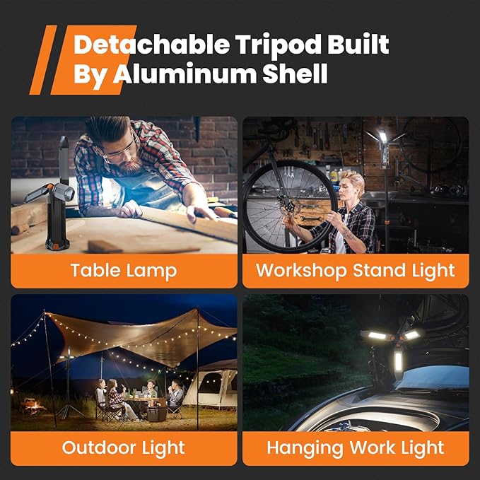 gogonova 2025 Rechargeable Work Light with Stand, 4 in 1 Cordless Camping Light, 700/1200/2200 Lumens, 4000/6500K Dimmable LED Work Lamp with Detachable Tripod(Grey)