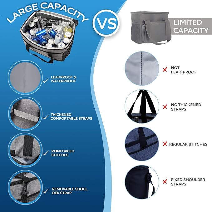 Portable Soft Cooler Bag - 24/60 Can Insulated Camping Cooler, Leakproof Collapsible Soft Sided Cooler for Drink, Suitable for Picnic, Beach, Outdoor, Lunch, Work, Ice Chest