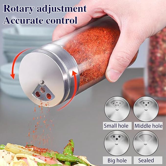 4pcs Salt and Pepper Shakers Set, Salt Shaker and Pepper Shaker with Adjustable Pour Holes, Pepper and Salt Container with Stainless Steel Lid,Glass Salt and Pepper Shakers,Spice Shaker for Kitchen