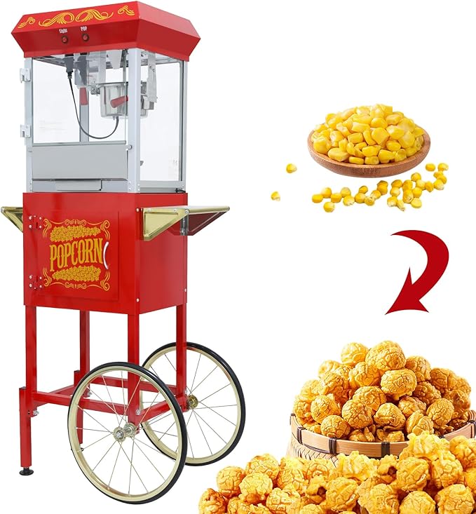 Popcorn Maker Machine - Professional Cart With 8 Oz Kettle Makes Up to 48 Cups, Stainless Steel Vintage Commercial Popcorn Machine Movie Theater Style (Red)