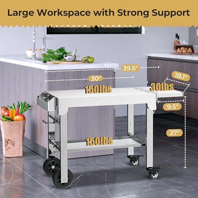 R.W.FLAME Portable Folding Grill & Prep Table with Wheels, Stainless Steel BBQ Stand for Camping, Tailgating & Outdoor Cooking, Rolling Dining Cart for Tabletop Grill, Griddle & Pizza Oven