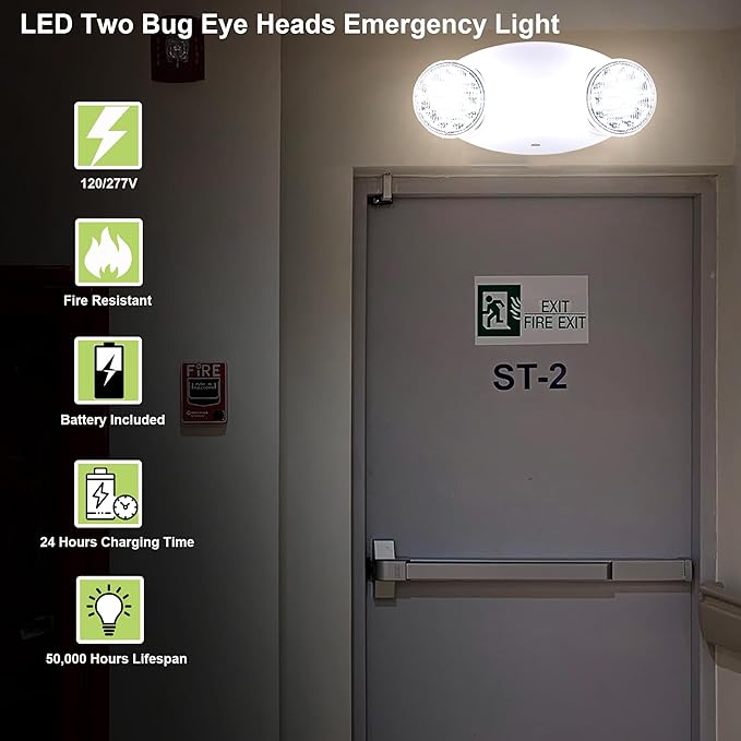 LIT-PaTH LED Emergency Lighting Fixtures with 2 LED Bug Eye Heads and Back Up Batteries- US Standard Exit Light, UL 924 and CEC Qualified, 120/277 Voltage, White, 6-Pack