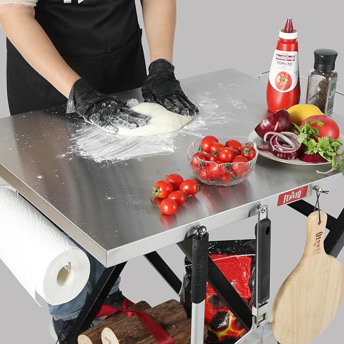 Outdoor Grill Table, Foldable Pizza Oven Stand & Blackstone Griddle Stand with Garage Rack & Tissue Holder, Folding Outdoor Prep Table for Gathering and Party, 30" x 24", Stainless Steel