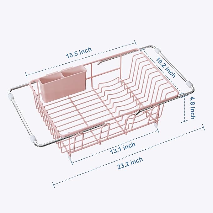 Dish Drying Rack in Sink, Pink Dish Dryer Racks Over Sink, Dishes Drainers for Kitchen Sink, Stainless Steel Plates Drying Rack with Utensil Holder & Cups Holder