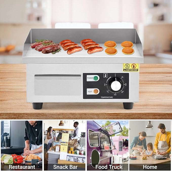 GarveeHome 14 In Commercial Electric Griddle,110V 1500W Electric Restaurant Teppanyaki Flat Top Grill with Shovels & Brushes, Non-Stick Countertop Griddle, Adjustable Temperature Control 122°F-572°F