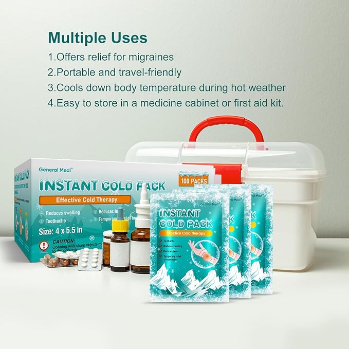 General Medi Instant Ice Cold Pack (4”x 5.5”) – 100 Packs Disposable Cold Therapy Ice Packs for Pain Relief, Swelling, Inflammation, Sprains, Toothache – for Athletes & Outdoor Activities