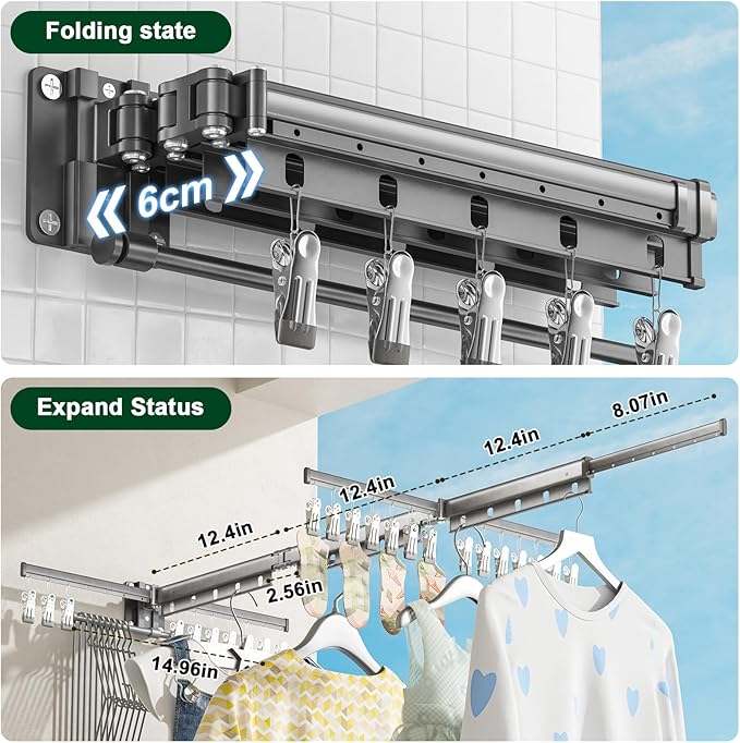 Clothes Drying Rack,2025 New Upgraded Laundry Drying Rack, Sturdy Clothes Drying Rack Wall Mounted,with Additional 4 Branches and 20 Clips,Collapsible,Retractable,Ideal for Patio,Laundry