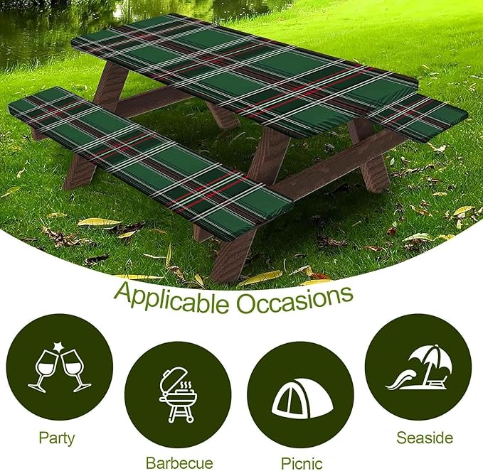 CAPSCEOLL Elastic Picnic Table Cover with Bench Covers 5Ft Waterproof Fitted Picnic Table Cover Cloths for Outdoors Camping Tablecloth with Drawstring Bag, 60X30in, Christmas Green Buffalo Plaid