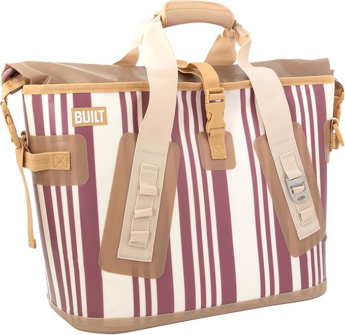 BUILT Large Welded Soft Portable Cooler with Wide Mouth Opening Insulated and Leak-Proof Dusty Rose Stripe