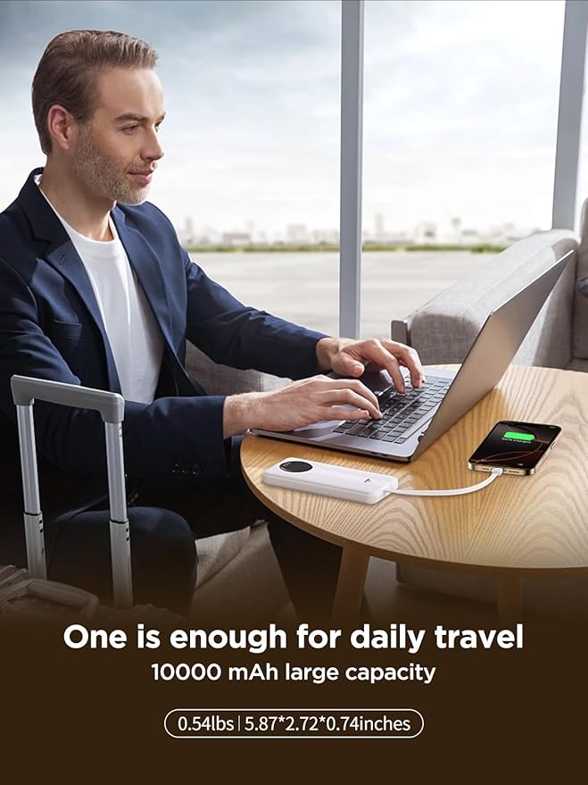 Aioneus Power Bank, 10000mAh Portable Charger with Built in Cables Fast Charging 22.5W USB-C in/Out Slim Travel PowerBank Battery Pack for iPhone 16 15 14 13 12 Samsung Galaxy S24 A15 Android Phone