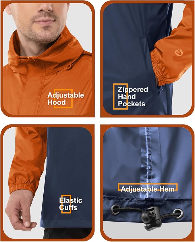 Outdoor Ventures Men's Rain Jacket Waterproof Lightweight Packable Rain Pullover for Hiking Golf Running