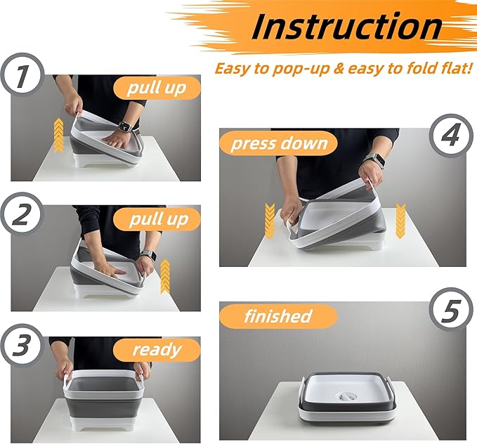 Collapsible Wash Basin for Baby Bottles - 2.4 Gallons Portable Wash Bin for RV Camping Sink, Space-Saving Dish Tub (Gray)