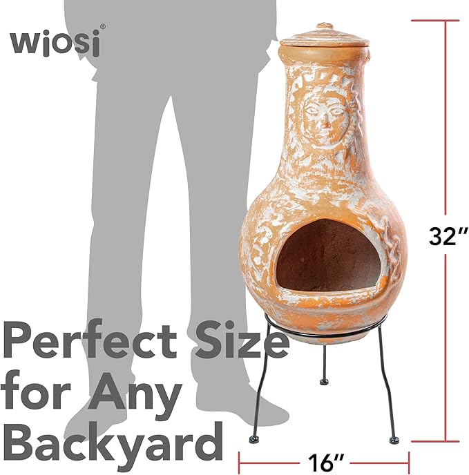 Wiosi Medium Chiminea Outdoor Fireplace Clay Chimineas with Chimney Rain Lids and Solid Metal Stands - Yellow Terracotta Chimenea - Rustic Fire Pit Chimnea 16 x 16 x 32-inch