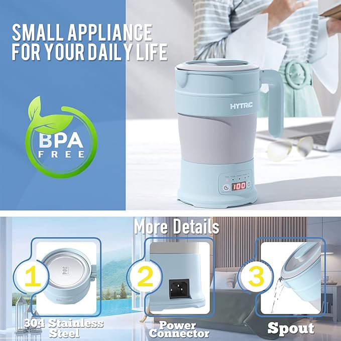 HYTRIC Travel Electric Kettle, 700ML Foldable Small Electric Kettle BPA-Free, Portable Kettle with Multifunctional Panel, Collapsible Hot Water Kettle with Keep Warm & Delay Start, 110V Blue