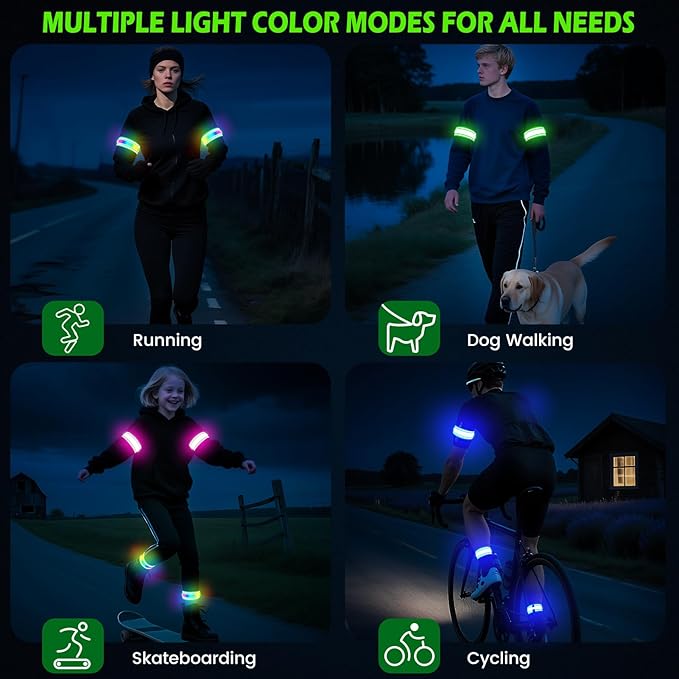 LED Armband for Running 2 Pack, 5 Colors 3 Lights Modes Rechargeable Reflective Light Up Arm Bands, High Visibility Reflective Gear for Running Walking Cycling at Night (Green)
