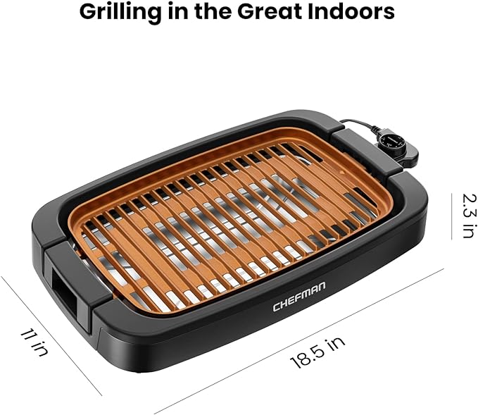 Chefman Smokeless Indoor Electric Grill, Copper, Extra Large, Nonstick Table Top Grill for Indoor Grilling and BBQ with Adjustable Temperature Control, Nonstick Dishwasher-Safe Parts, 9" x 15"
