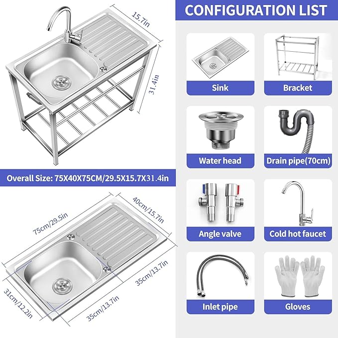 Outdoor Utility Sink,Free Standing Stainless Steel Laundry Tub, Single Bowl Portable Washing Hand Basin Station,with Cleaning Table&Storage Shelves for Garage, Restaurant, Kitchen,Camping, Backyard(Do
