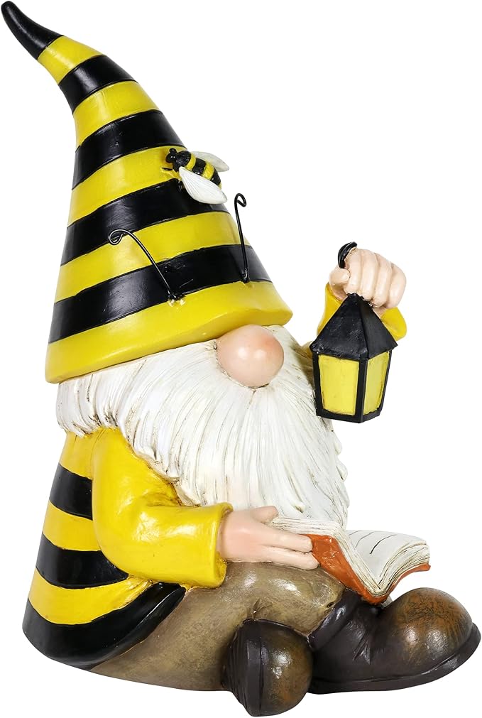 Exhart Solar Beekeeper Garden Gnome Statue, LED Hat, Lantern,Hand Painted Cute Yard Décor, 5.5" x9.5”