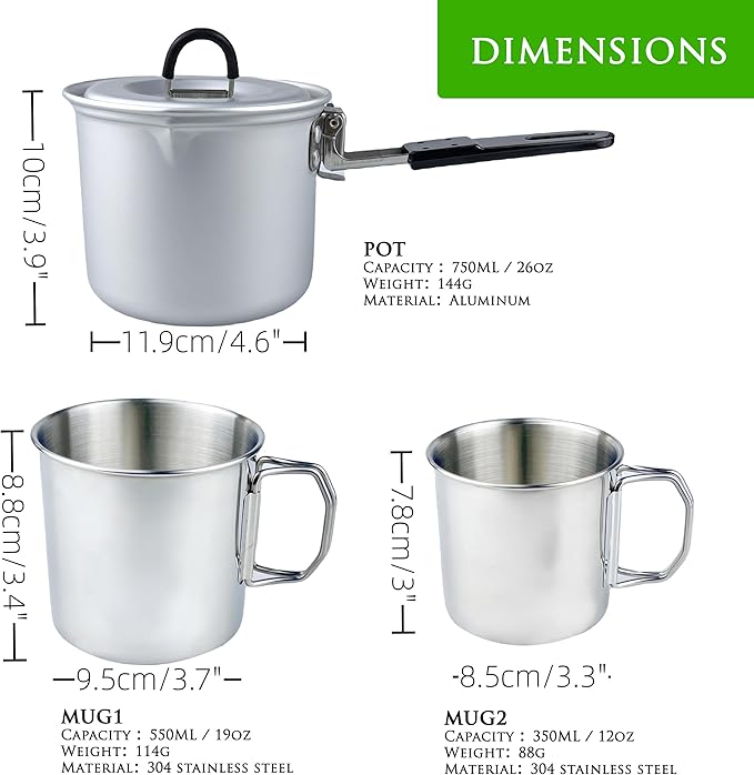 Foldable Camping Pot and Camping Mugs 3Pcs Set Camping Cookware Mess Kit for Backpacking Gear 750ml Pot and 550ml/350ml Cup Lightweight Folding Cooking Set Camping Coffee Pot