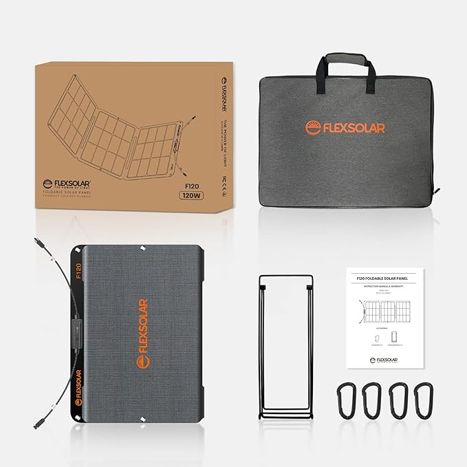 FlexSolar 120W Portable ETFE Solar Panels for Power Station Generators 20.9V Foldable Solar Cell Monocrystalline Chargers with Kickstand P68 Waterproof Power Outage Emergency for Camping Van RV