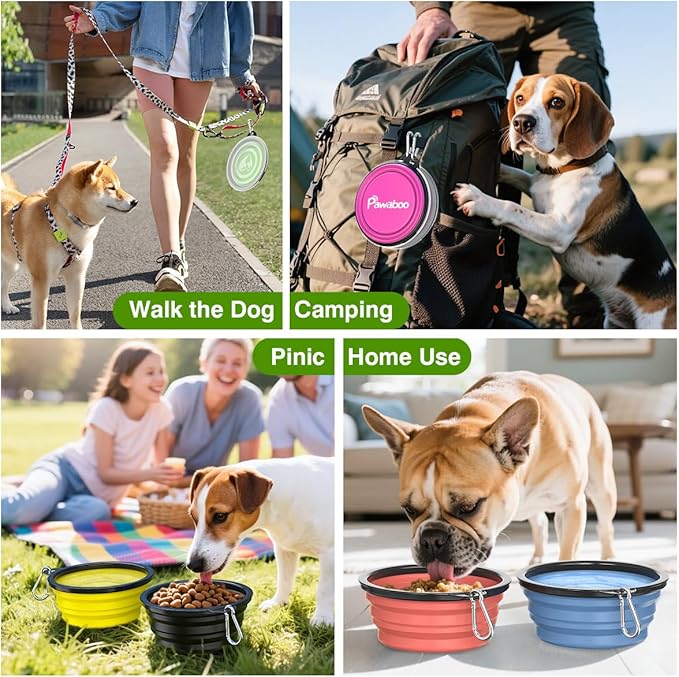 Pawaboo Collapsible Dog Bowls 2 Pack, Silicone Feeding Watering Bowls with Lids & Carabiners for Dogs Cats, Portable Water Feeder Food Bowl for Walking Traveling Home Use, 1000ml, Pink + Green
