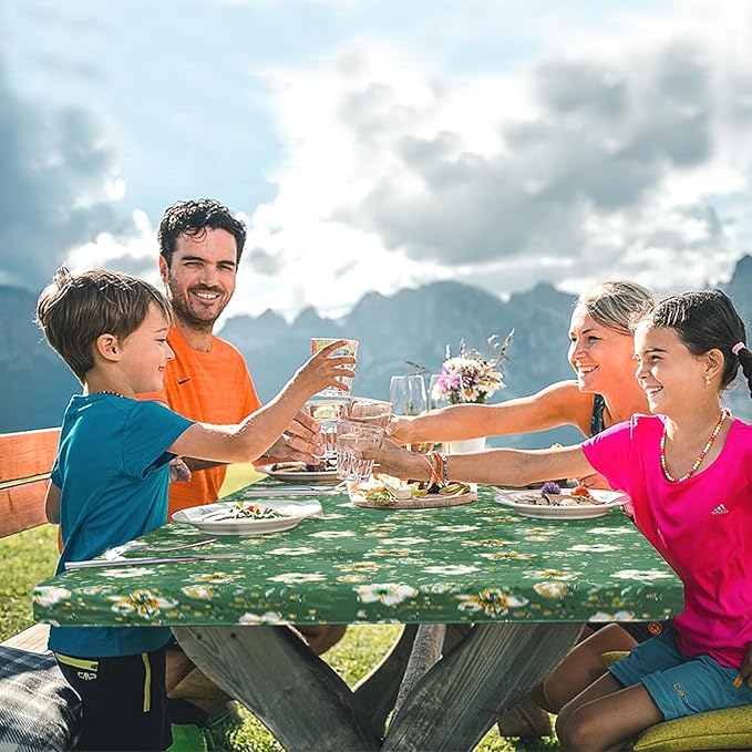Picnic Table Cover with Bench Covers Elastic Edges, Green Flower Fitted Table Cover, Outdoor Patio Camping Essentials 72 Inch 3PCS, Waterproof Camping Fitted Tablecloth with Drawstring Bag