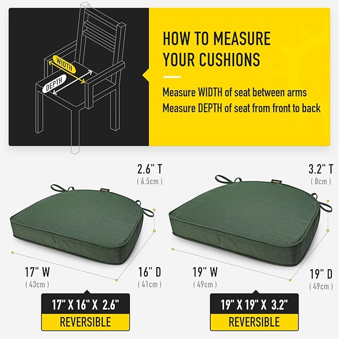 SUNROX Gel Memory Foam Chair Cushions, FadeShield Water-, Stain-Resistant Durable Reversible Seat Cushion Pads with Ties for Indoor/Outdoor Kitchen Dining Office, 19"x19", Set of 4, Heather Fern