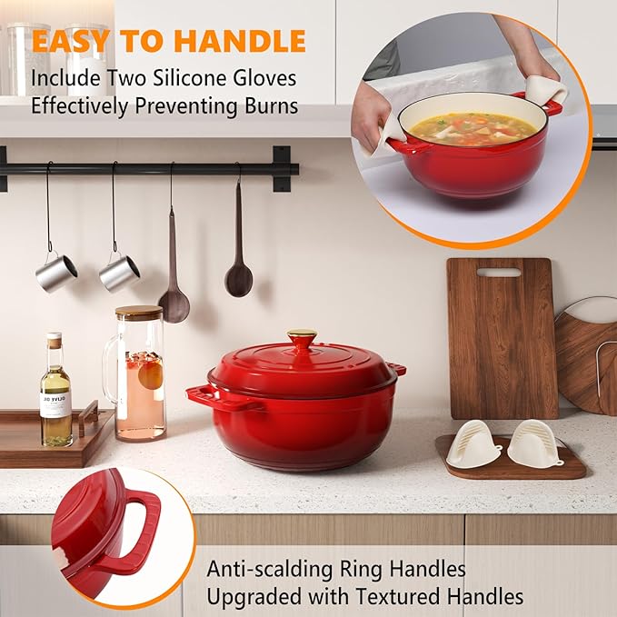 BONNLO 6QT Round Dutch Oven, Enameled Cast Iron Dutch Oven Pot with Lid & Dual Handles, Oven Safe Up to 500° F, for Sourdough, Bread Baking, Stews and Roasting (Red)