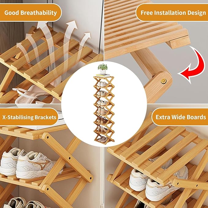 YYW Bamboo Shoe Rack for Entryway,Installation-Free and Foldable Vertical Shoe Storage Organizer,Free Standing Shoe Racks Shelf Closet Shoe Organizer for Living Room (Nature-2 layers)