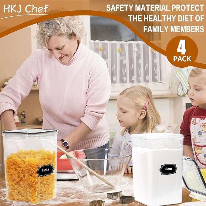 4 Pack Extra Large Airtight Food Storage Containers with Lids (6.5L / 220 oz), BPA Free Plastic Kitchen and Pantry Organization Contianers for Cereal Flour and Sugar Storage, Labels & Marker