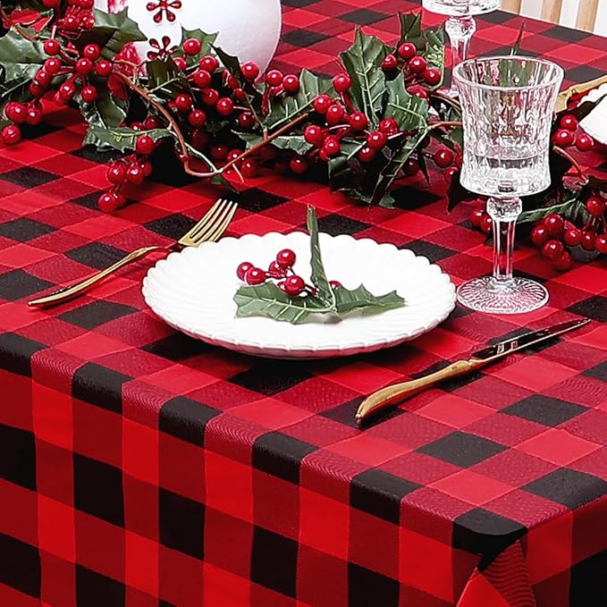 misaya Rectangle Waterproof Vinyl Table Cloth, Buffalo Flannel Backed Tablecloth, Wipeable Plastic Table Cover for Dinner, Kitchen, Picnic (60" x 120", Red and Black)