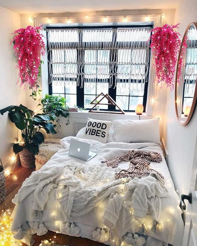 Hanging Geenery Faux Hanging Plants Outdoor Wall Decor Hanging Monkey Grass Artificial Hanging Plants Indoor Plastic Plants for Indoor Bedroom Wall Decoration Outdoor Porch Wedding Decor(Pure Fuchsia)