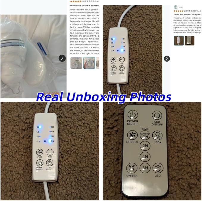 Portable USB Ceiling Fan with LED Light & Remote Control |4 Speeds,3 Light Modes,Timer |16.5 in Mini Size, 6 Detachable Blades|DC 5V Hanging Fan for Tent, RV, Camping,Patio & Home-Easy Install