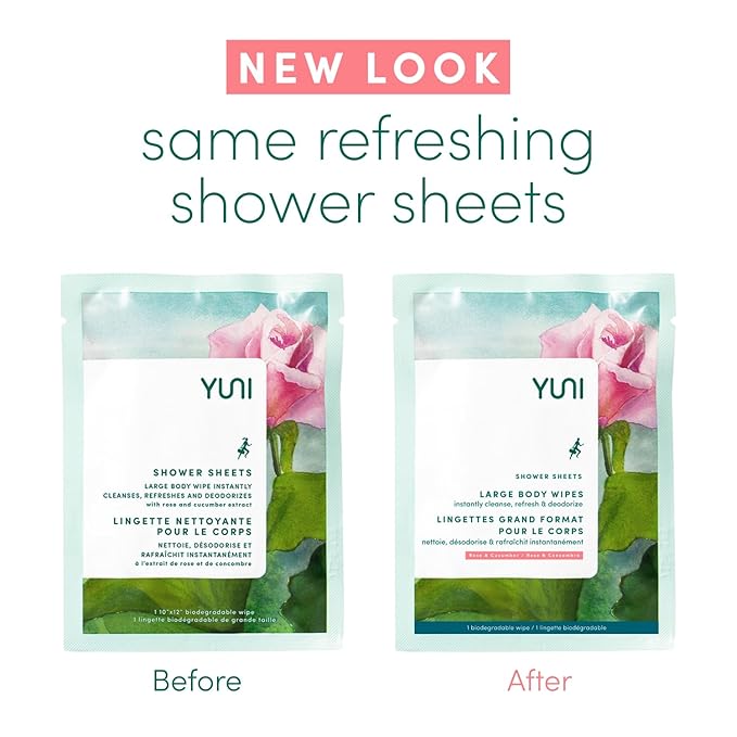 YUNI Beauty Large Body Wipes (Rose Cucumber, 12 Count) Soft Moist Showerless Wipes, Cleanse & Deodorize Waterless Travel Body Cleanser, Biodegradable Individually Wrapped Body Wipes for Camping or Gym